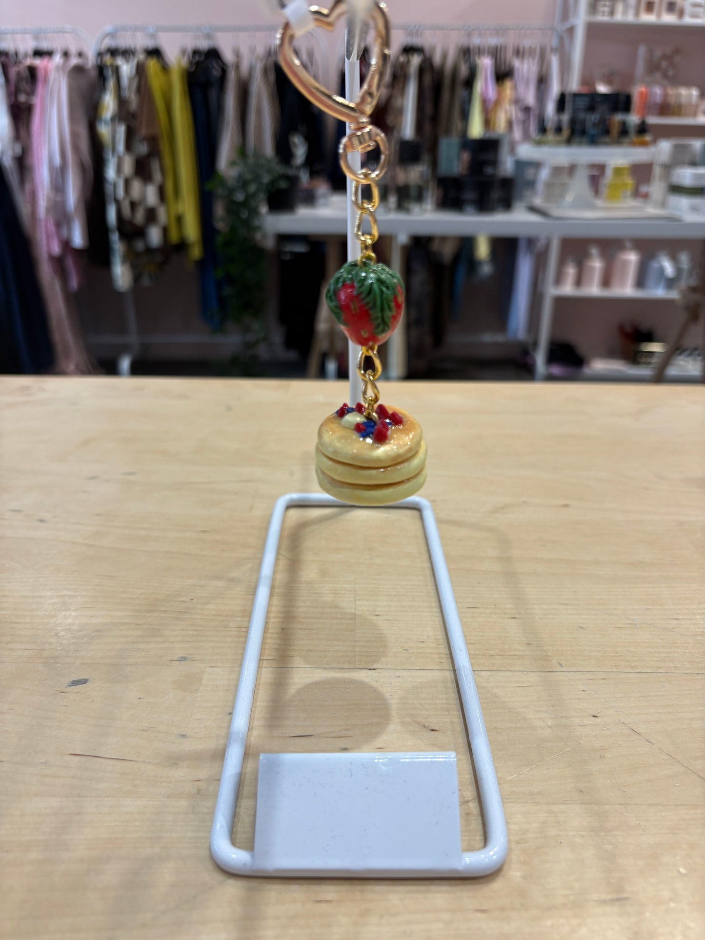 Strawberry Stack Charm – Mini Pancake Keychain with Heart Clasp