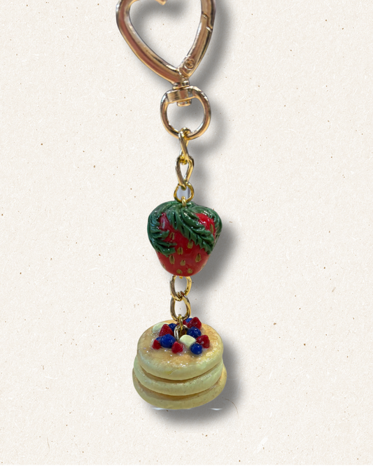 Strawberry Stack Charm – Mini Pancake Keychain with Heart Clasp