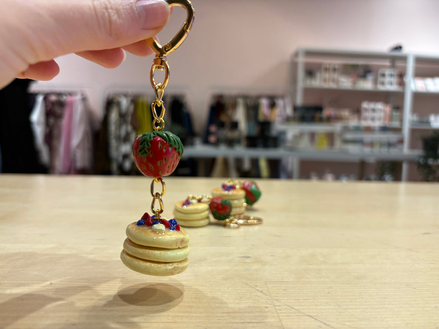 Strawberry Stack Charm – Mini Pancake Keychain with Heart Clasp