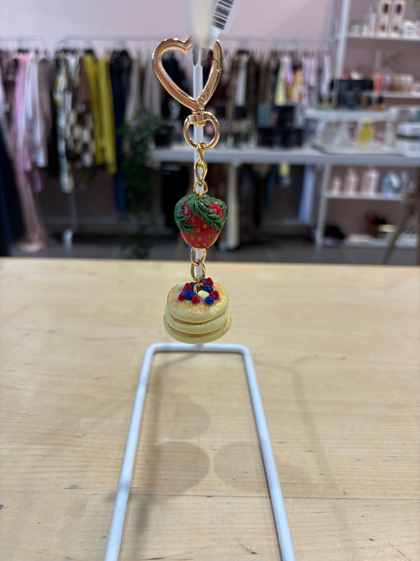 Strawberry Stack Charm – Mini Pancake Keychain with Heart Clasp