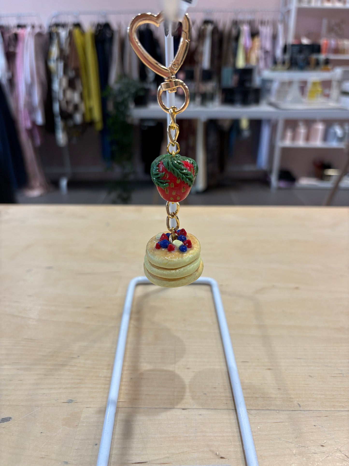 Strawberry Stack Charm – Mini Pancake Keychain with Heart Clasp
