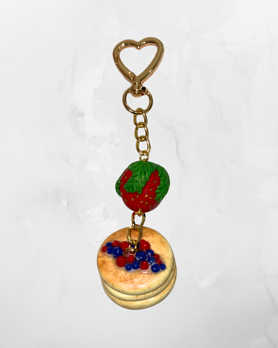 Strawberry Stack Charm – Mini Pancake Keychain with Heart Clasp