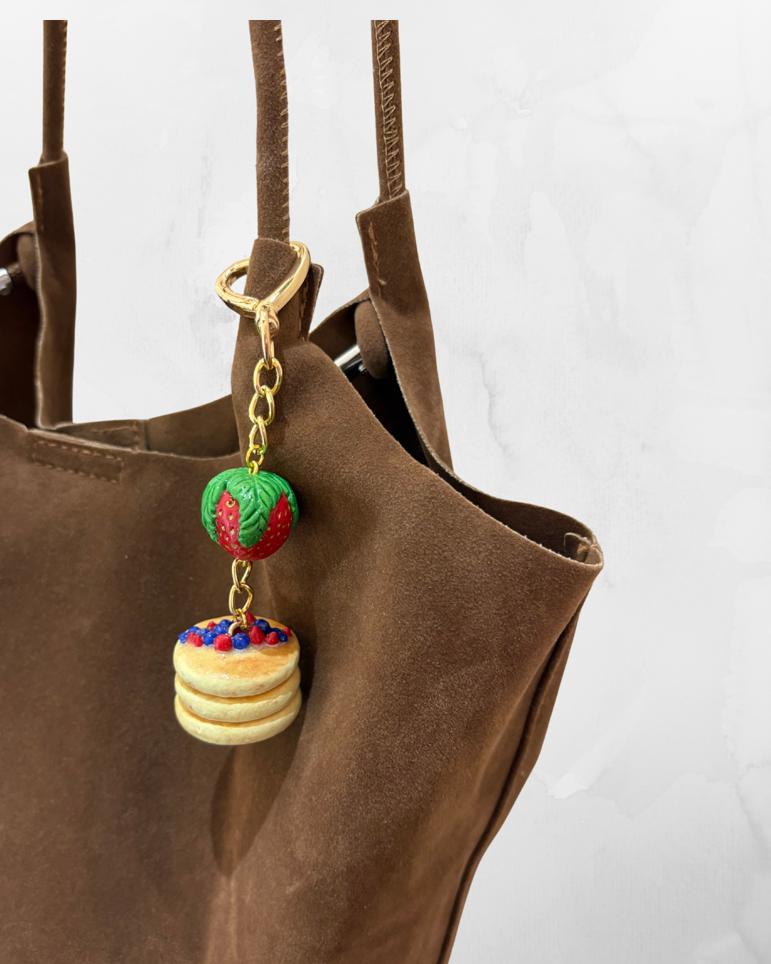 Strawberry Stack Charm – Mini Pancake Keychain with Heart Clasp